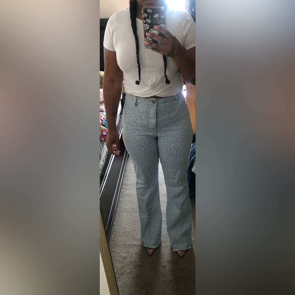 Wide leg white leopard print denim jeans